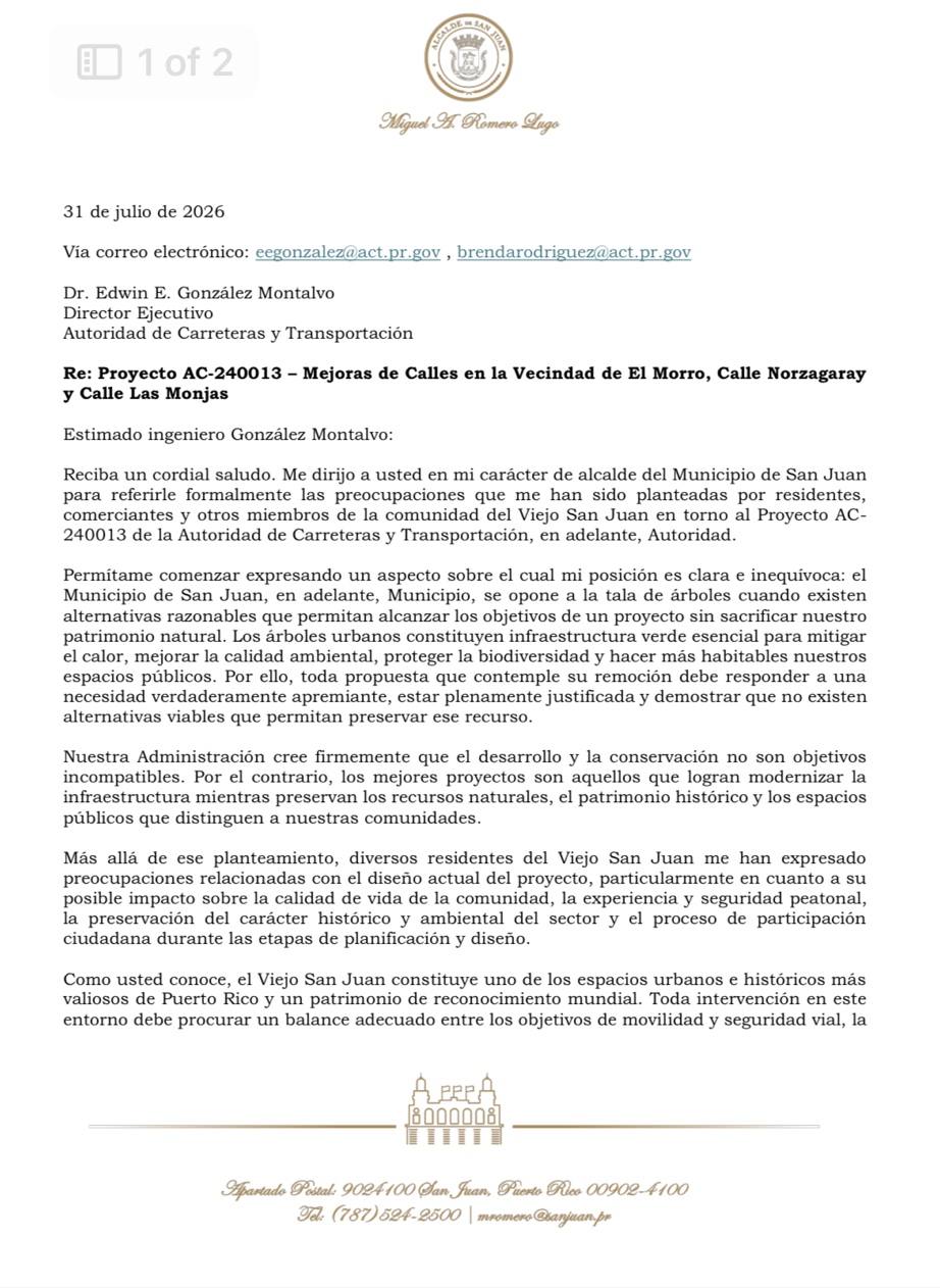 Carta del Alcalde Miguel Romero al Director de Carreteras — página 1