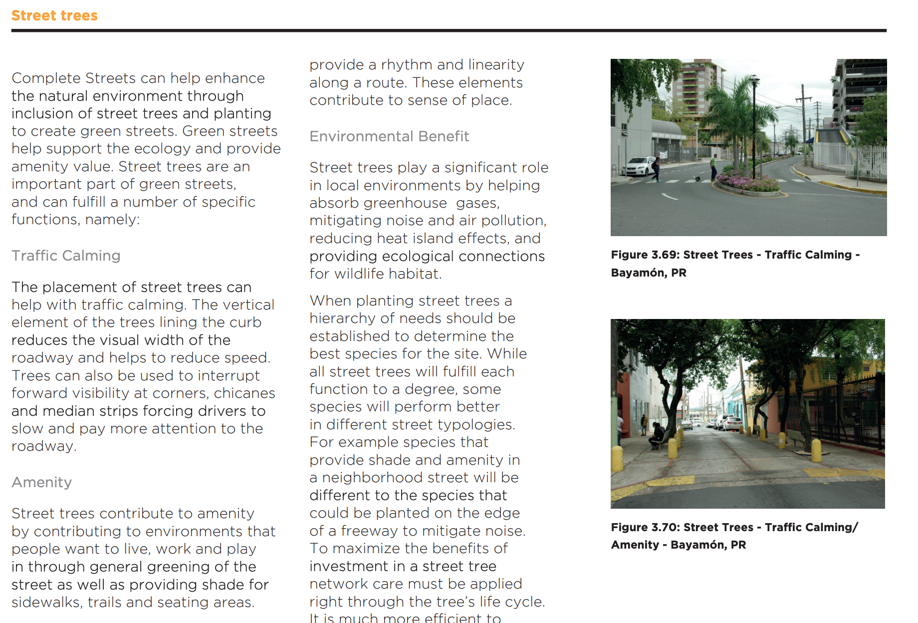 Sección del manual sobre árboles en la calle y reducción de velocidad