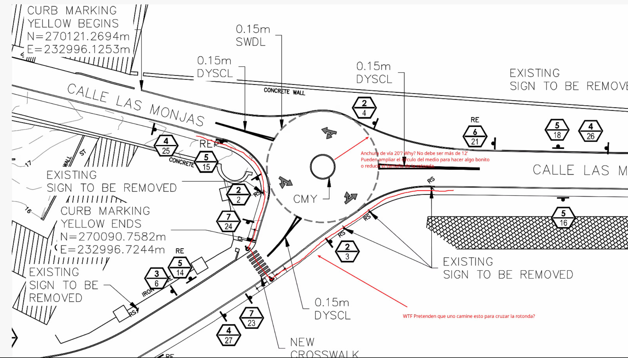 Plano oficial de la rotonda en Calle Las Monjas con anotaciones