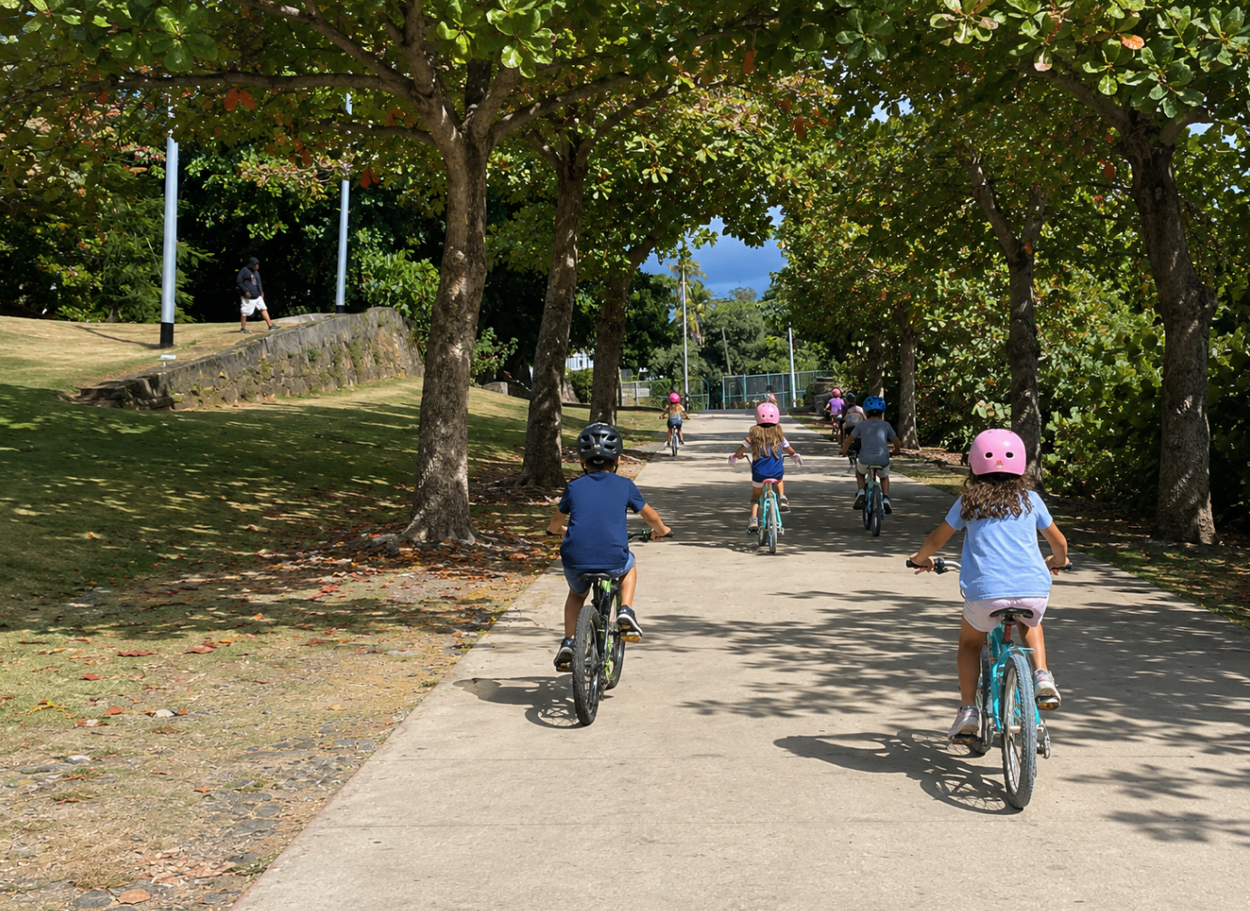 Niños en bicicleta circulando libremente bajo árboles, sin carros estacionados